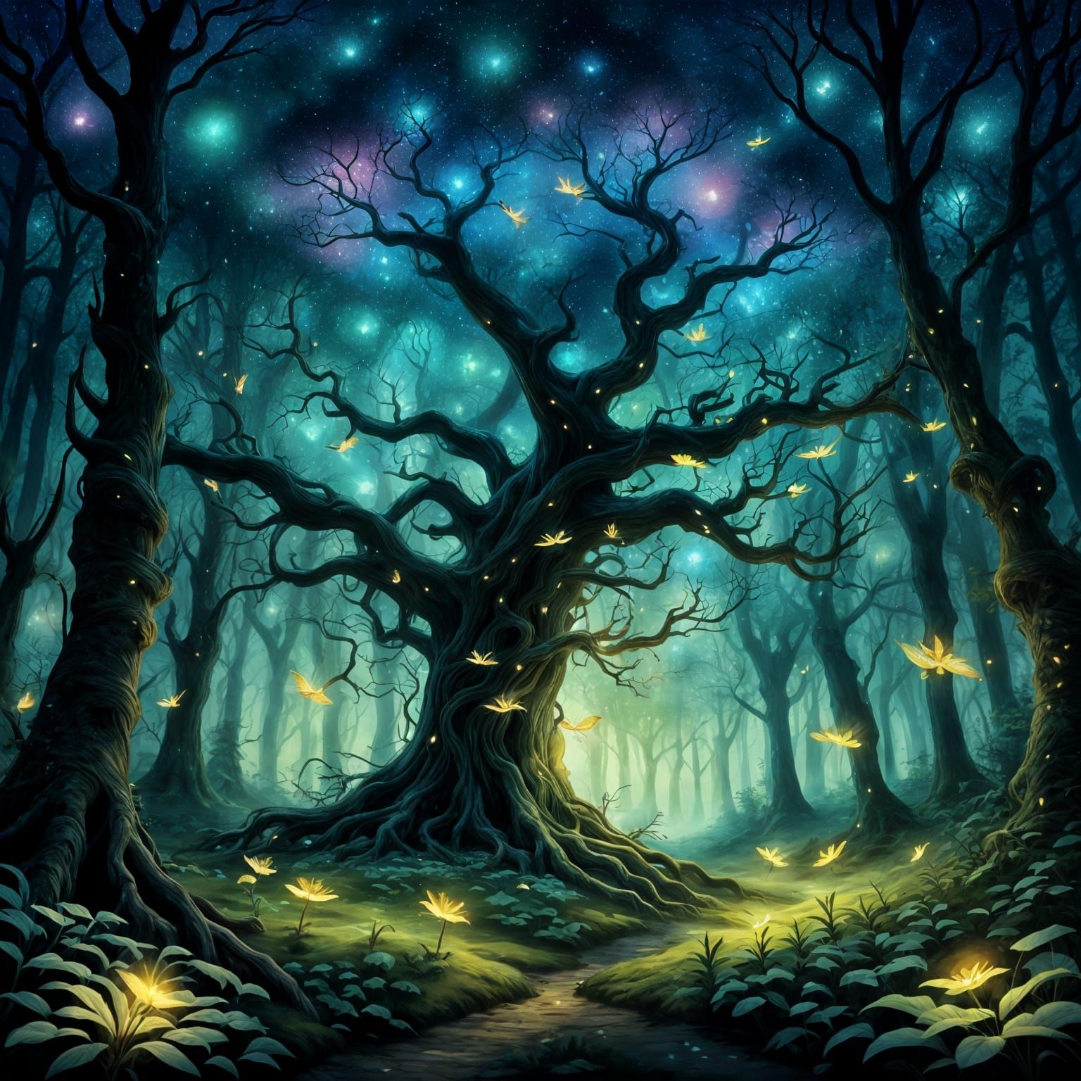 Ethereal Twilight Forest Scene with Ancient Tree and Vibrant...