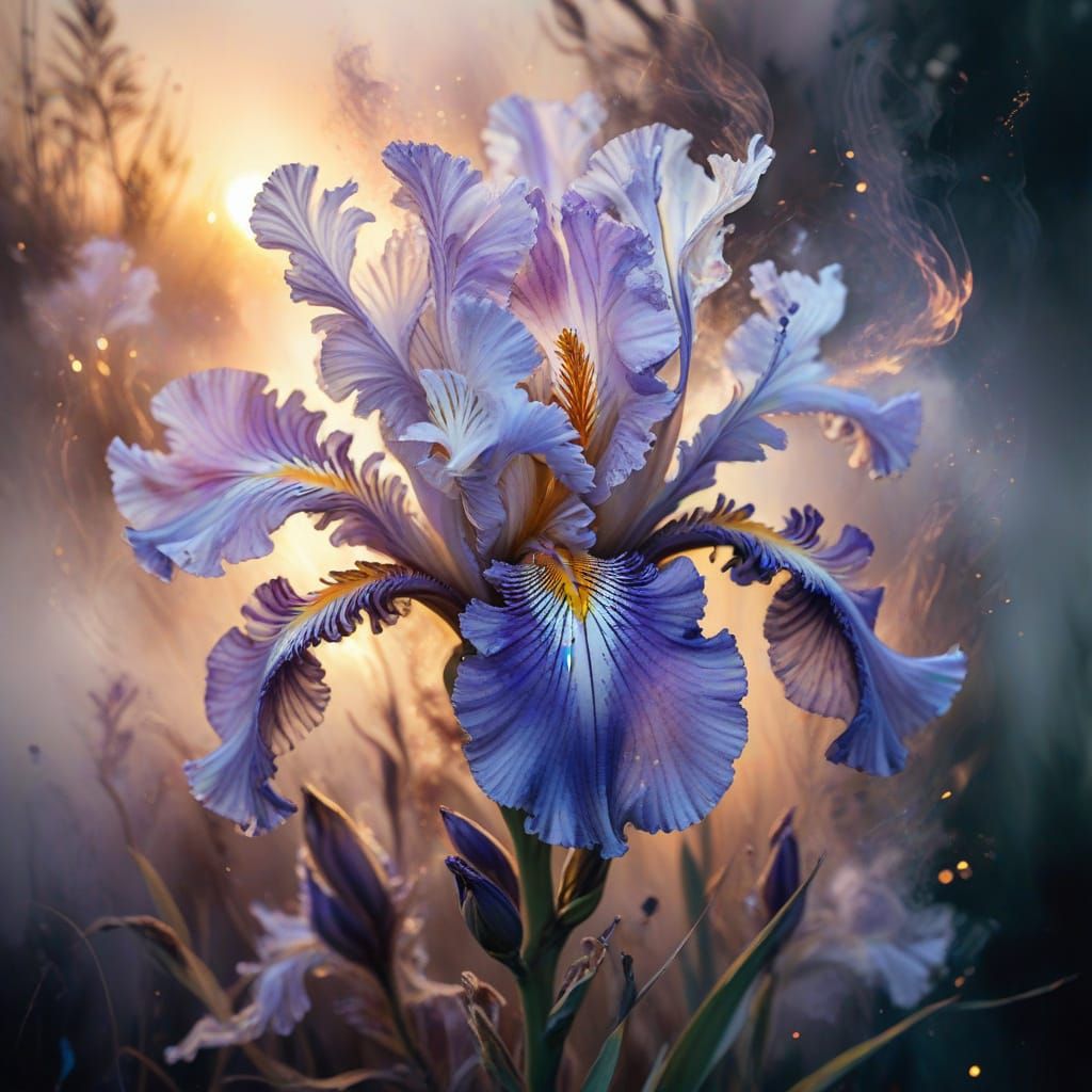 Frilly Iris Blooms in Smoky Watercolor Painting