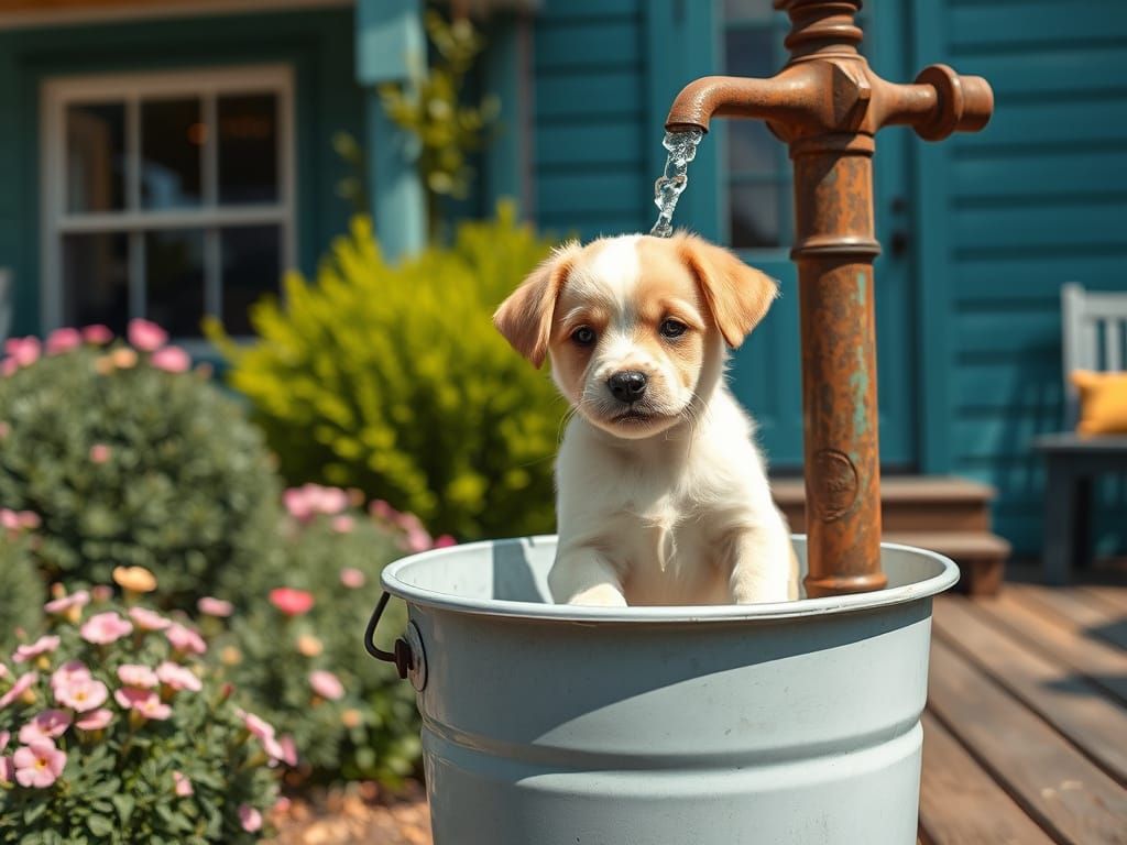 Puppy's Refreshing Bath: Cinematic Outdoor Scene