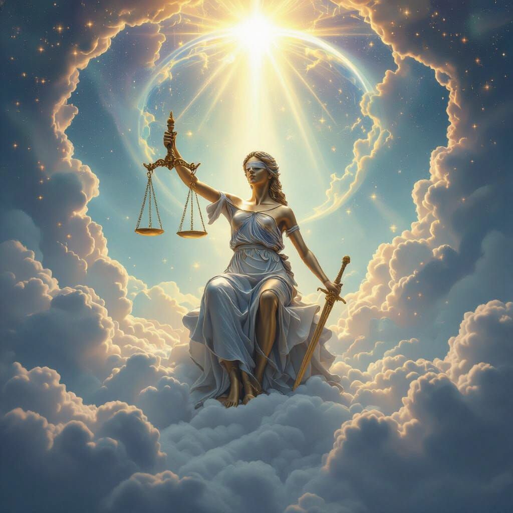 Ethereal Justice on Celestial Throne with Global Tapestry