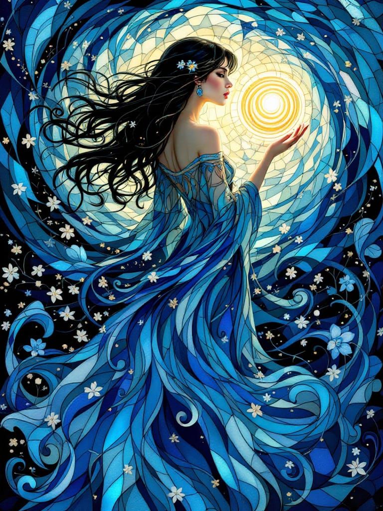 Art Nouveau Woman in Tiffany Stained Glass Style