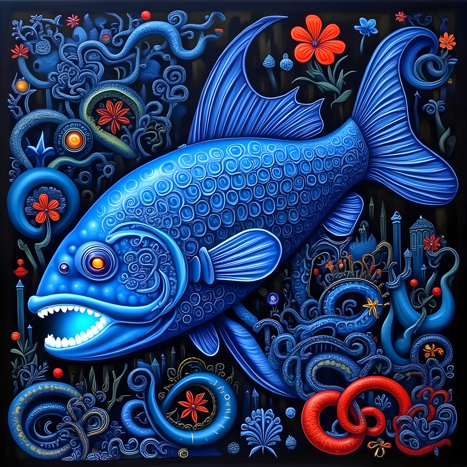 Deep Sea Blue Fish Illuminated by Glowing Light