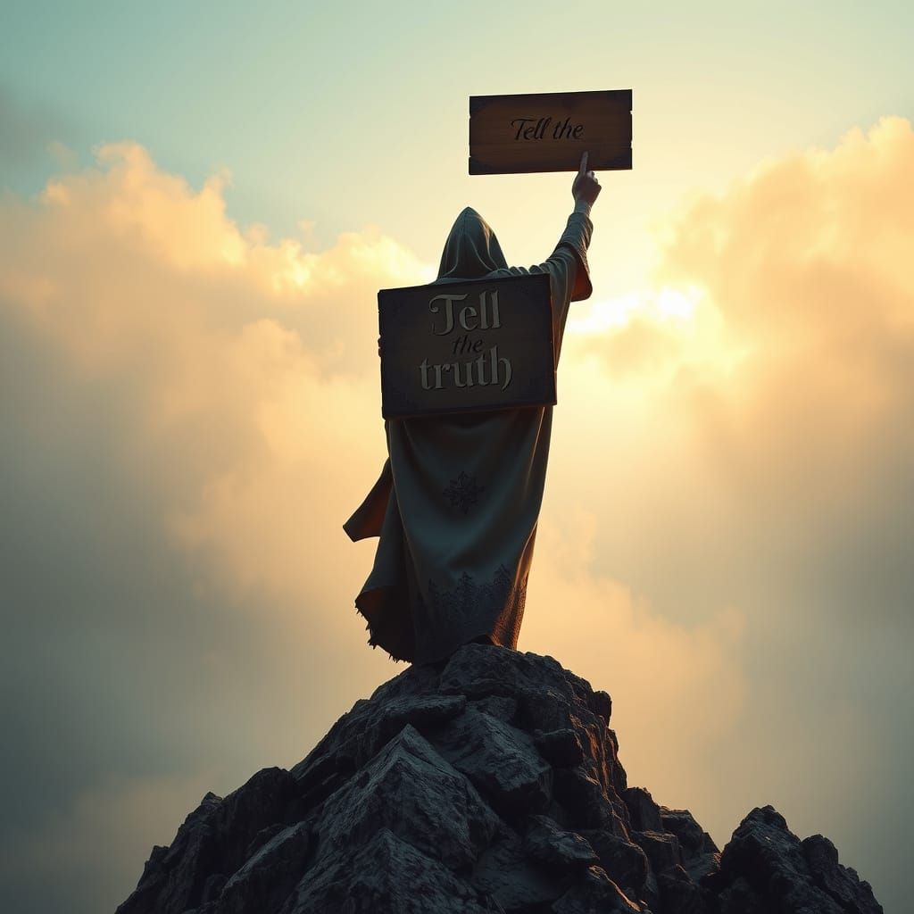 Enigmatic Figure Holds Worn Sign on Mist-Shrouded Mountain