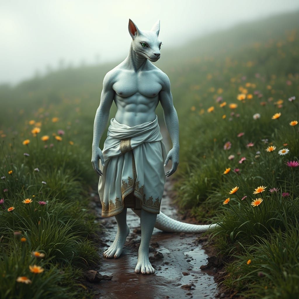 Anthropomorphic Snake Cat Hybrid in Iridescent Scales