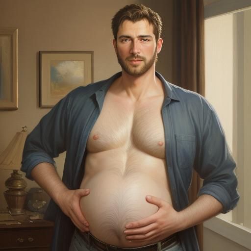 Handsome Man with Pregnant Belly as Oil Painting