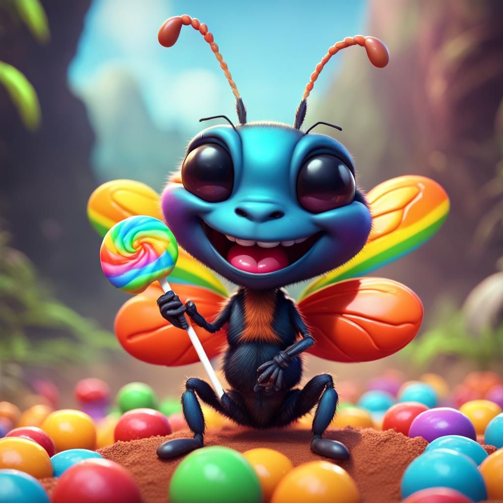 Happy Ant Enjoys Rainbow Lollipop Fantasy Art