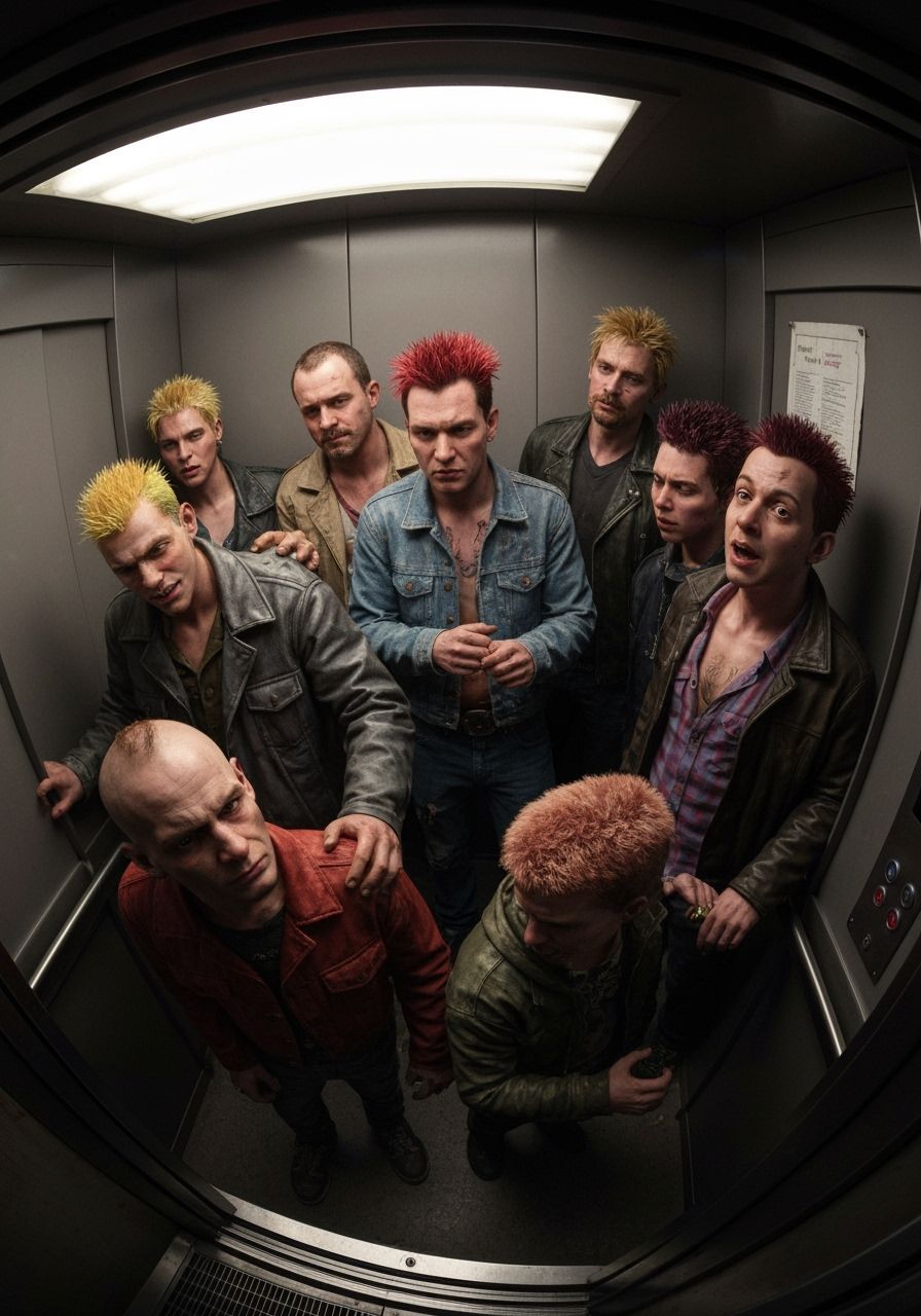 1980s Punks Overcrowd Hotel Elevator in Realistic Scene