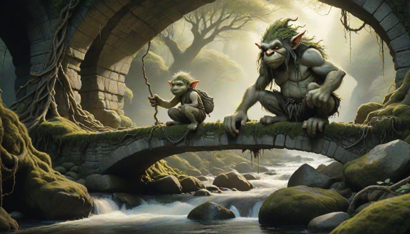 Moss Troll Fishing Under Stone Bridge in Dark Fantasy Style