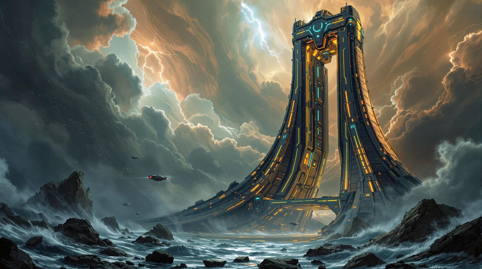 Futuristic Guillotine Lighthouse Guides Ships Through Void