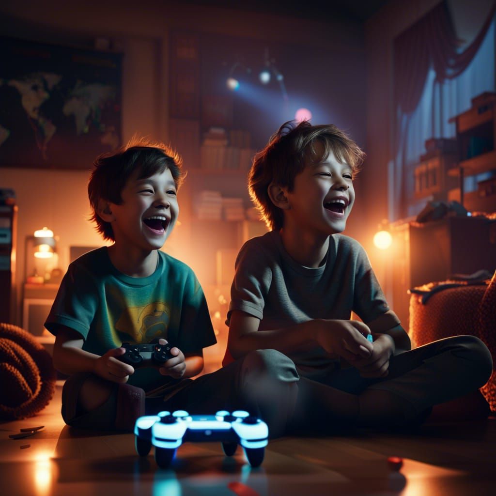 Boys Gaming in a Vivid, Detailed Game Room