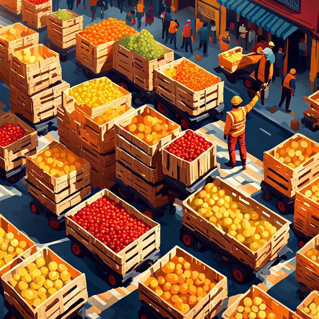 Cherry Picker Lifts Fruit in Vibrant Marketplace