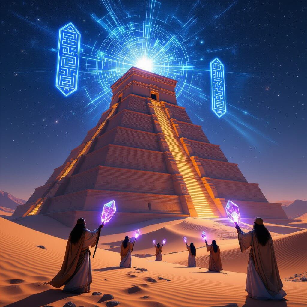 Ancient Ziggurat Ascends to Starry Cosmos with Glowing Symbo...
