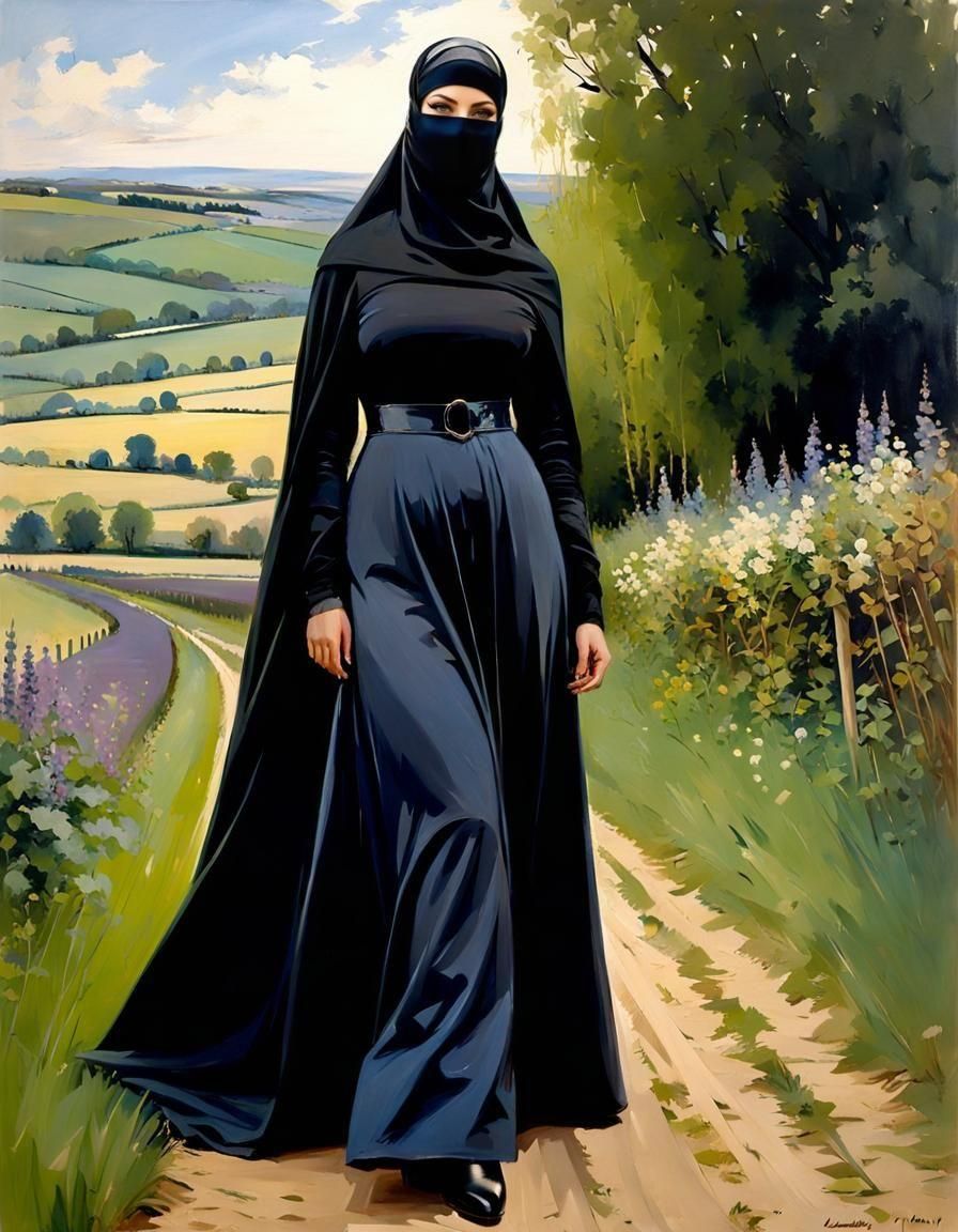 Niqabi Woman in British Countryside, Oil Painting