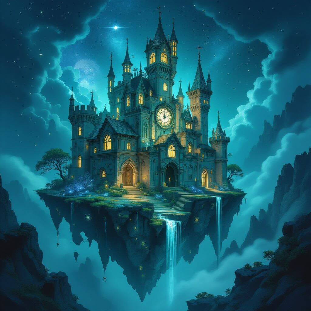 Decaying Castle on Floating Island Adrift in Stars