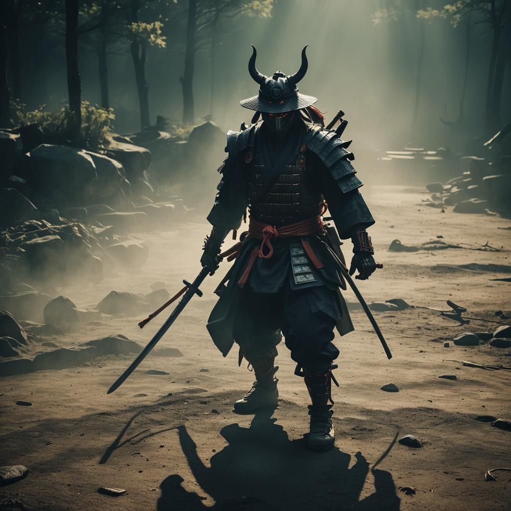 Dramatic Demon Samurai Shadow: Cinematic Film Still
