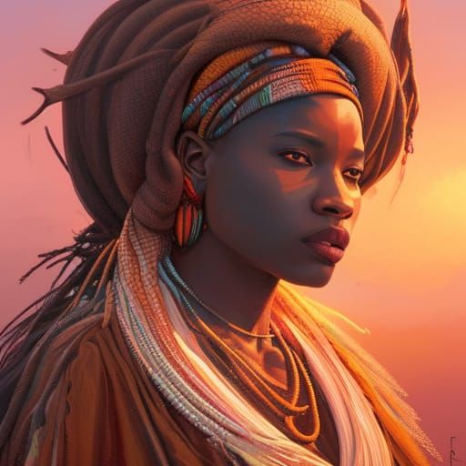 Gabonese Shaman Woman Portrait at Sunset