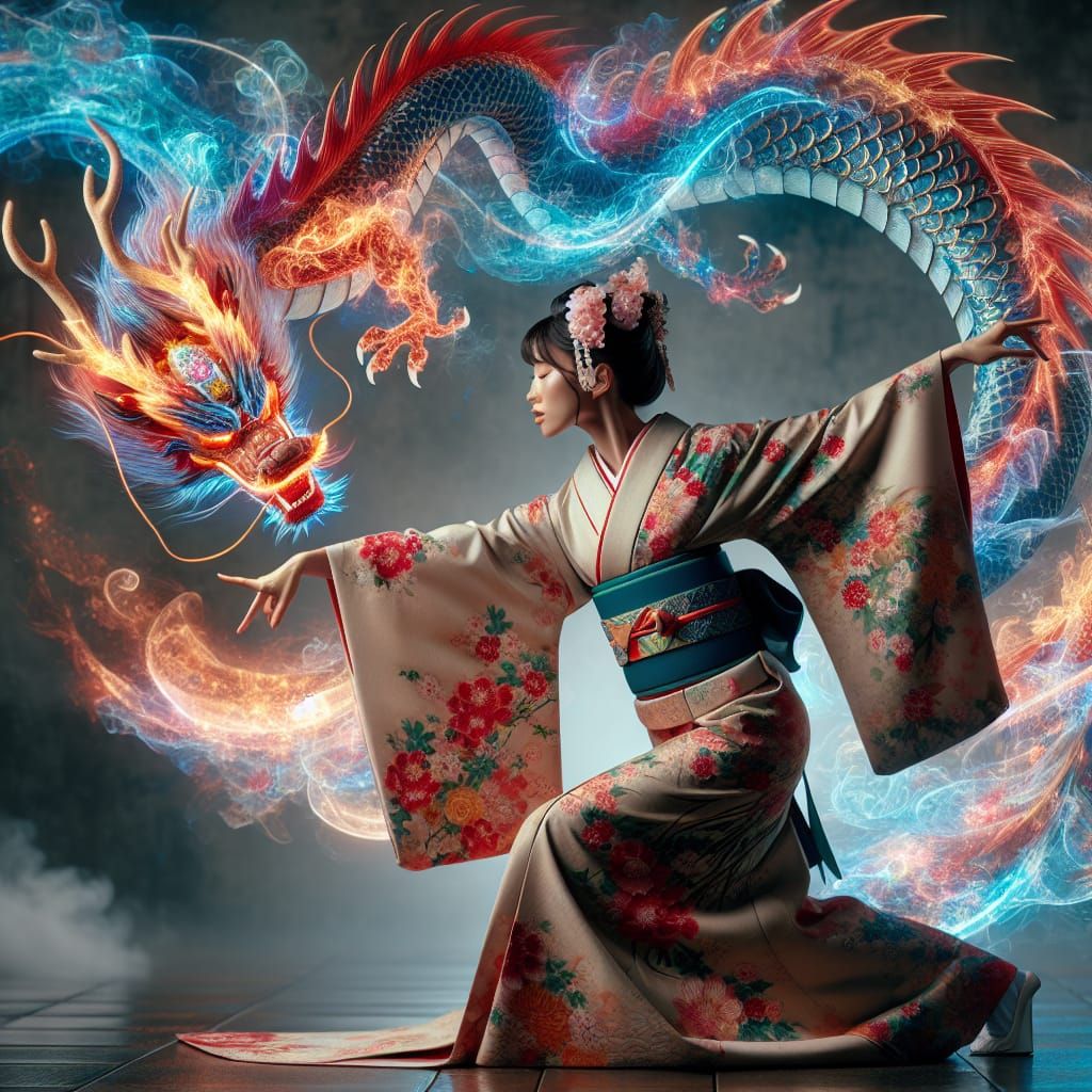 Japanese Woman Dancing with Colorful Dragon