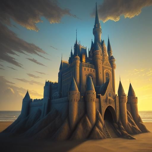 Majestic Sandcastle on Weathered Beach in Golden Light