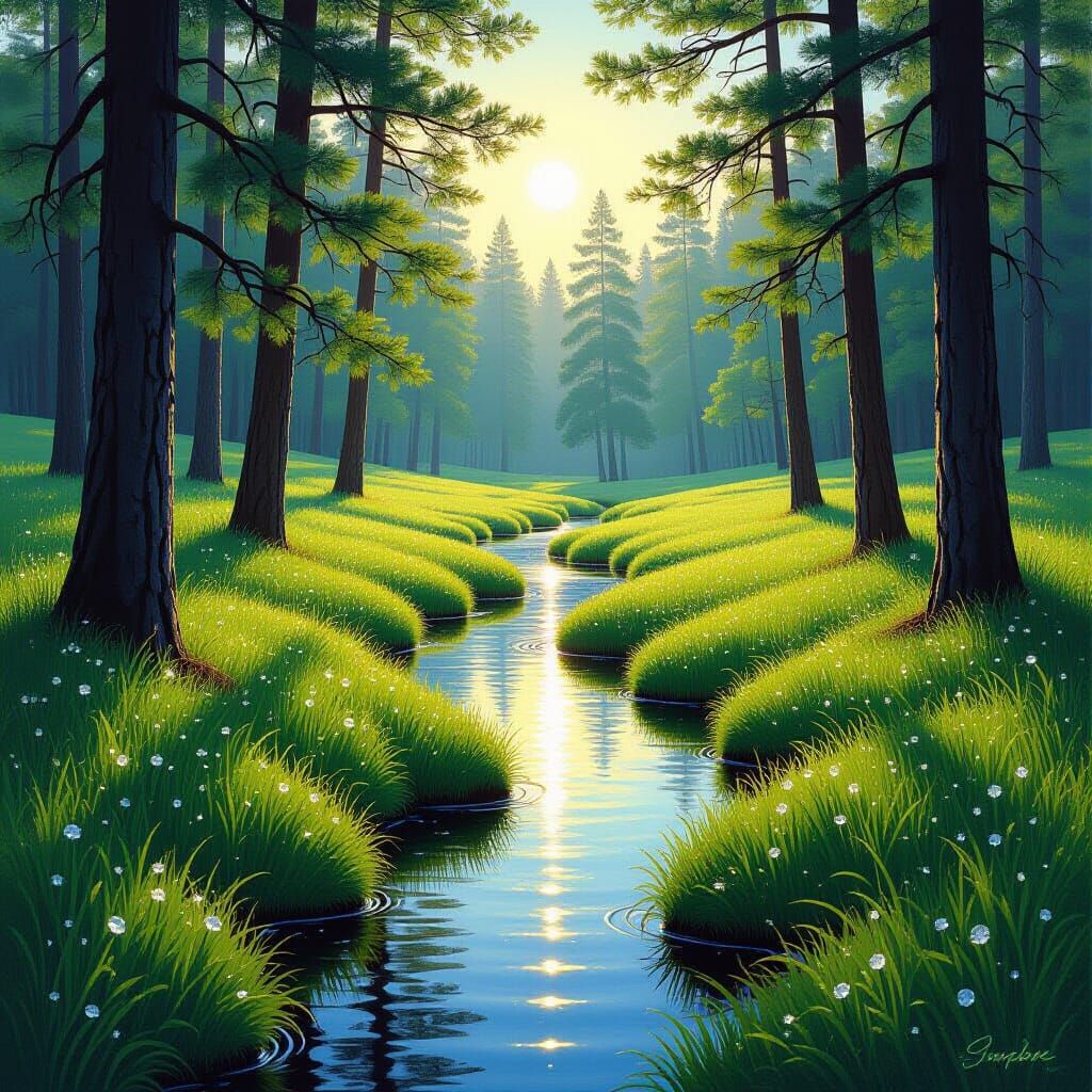 Sunlit Pine Forest Clearing with Stream