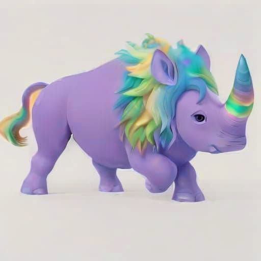 Kawaii Rhino with Rainbow Hair, 3D Digital Art