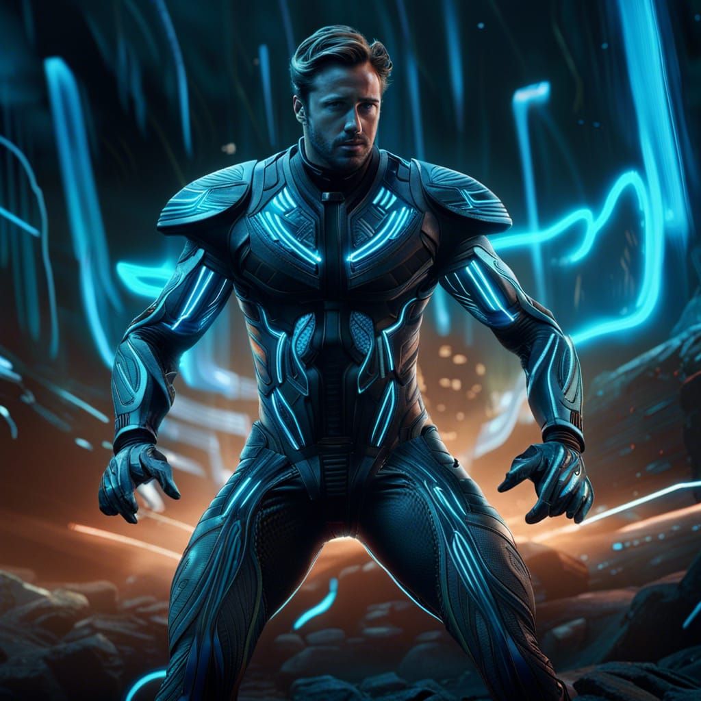 Muscular Warrior Battles in Tron-like Arena