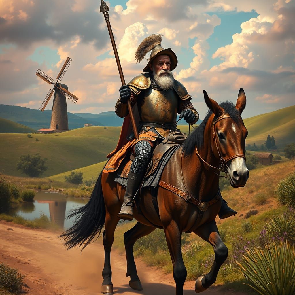 Don Quixote and Sancho Panza Ride into a Whimsical Landscape
