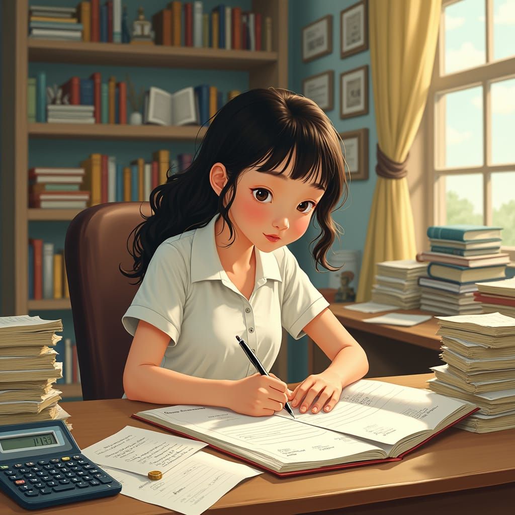 Girl in a Tidy Office Recording Financial Transactions