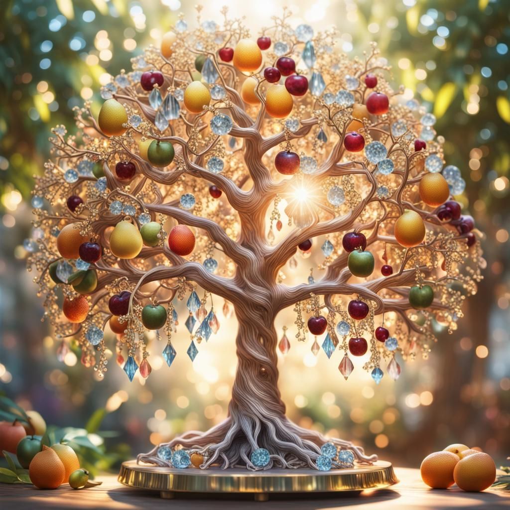 Tree of Life with Crystalline Fruit in Sunlight