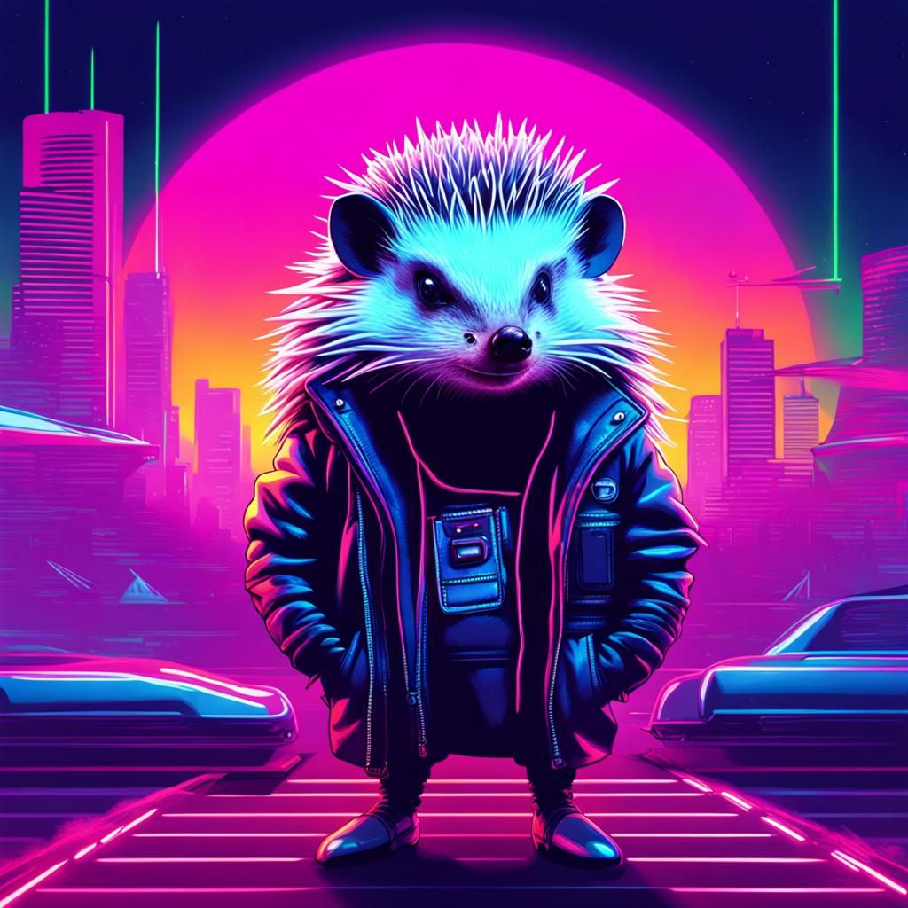 Futuristic Neon Hedgehog in Synthwave Style