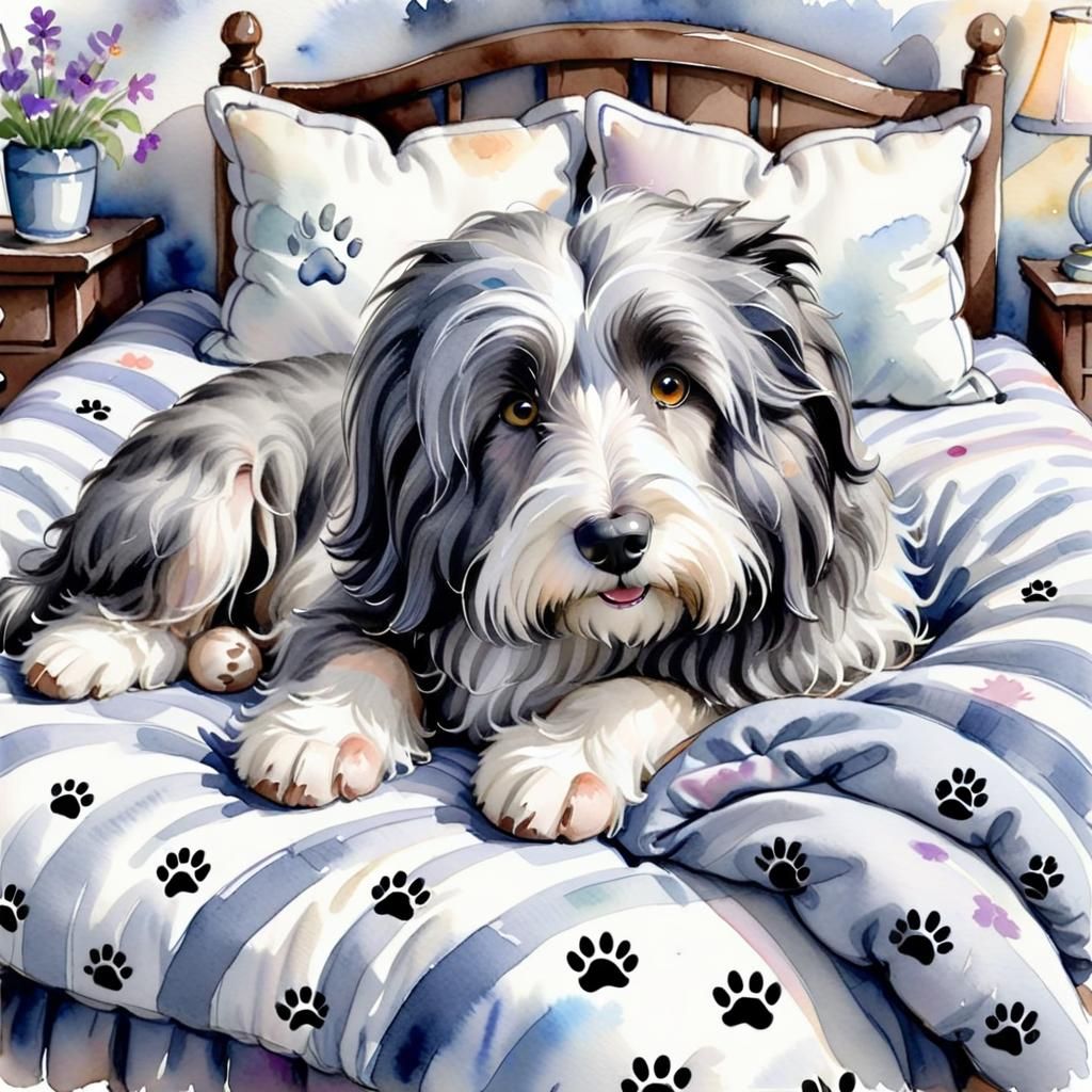 Bearded Collie in Pajamas: Whimsical Watercolor Fantasy