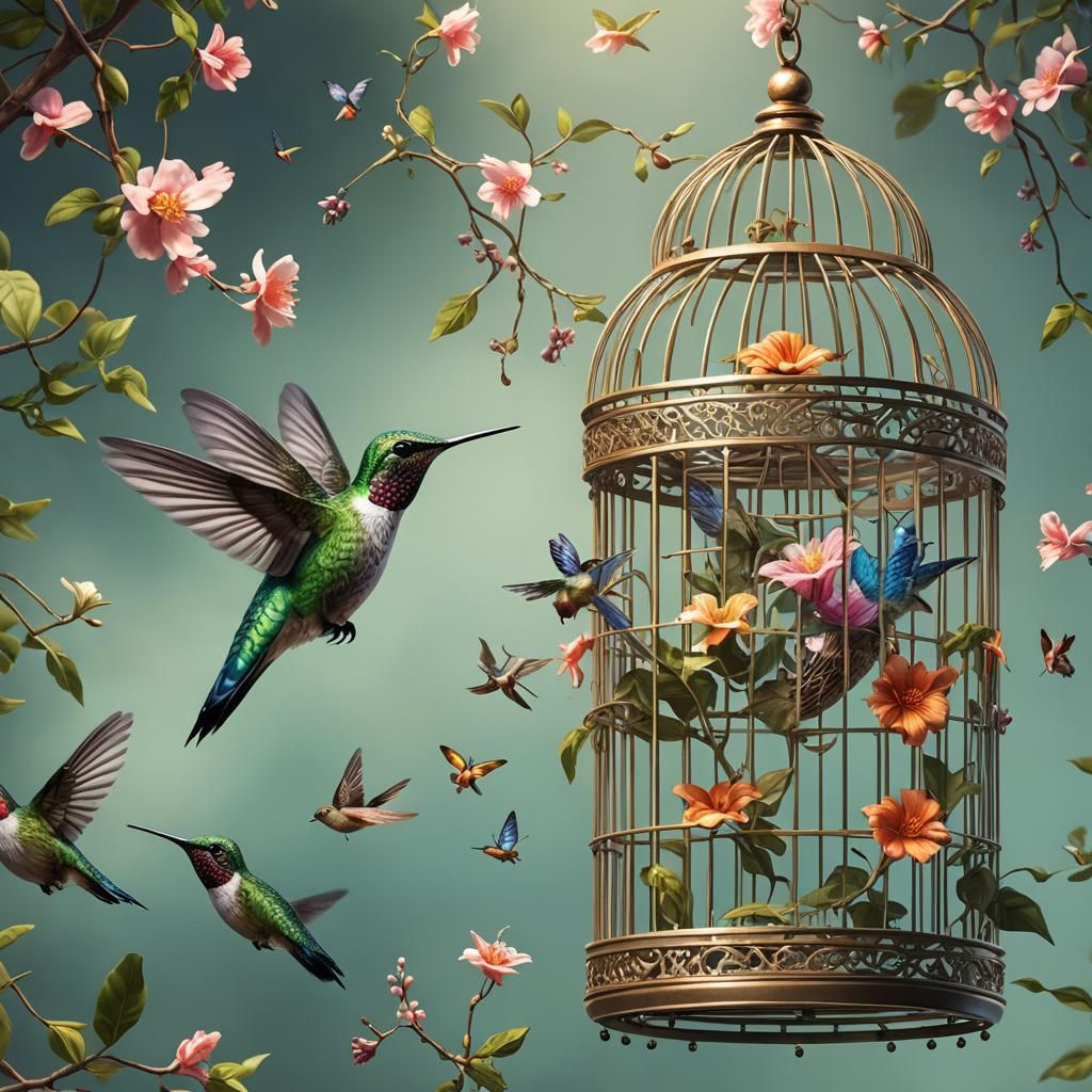 Hummingbird Flight: Exquisite Digital Art in Birdcage