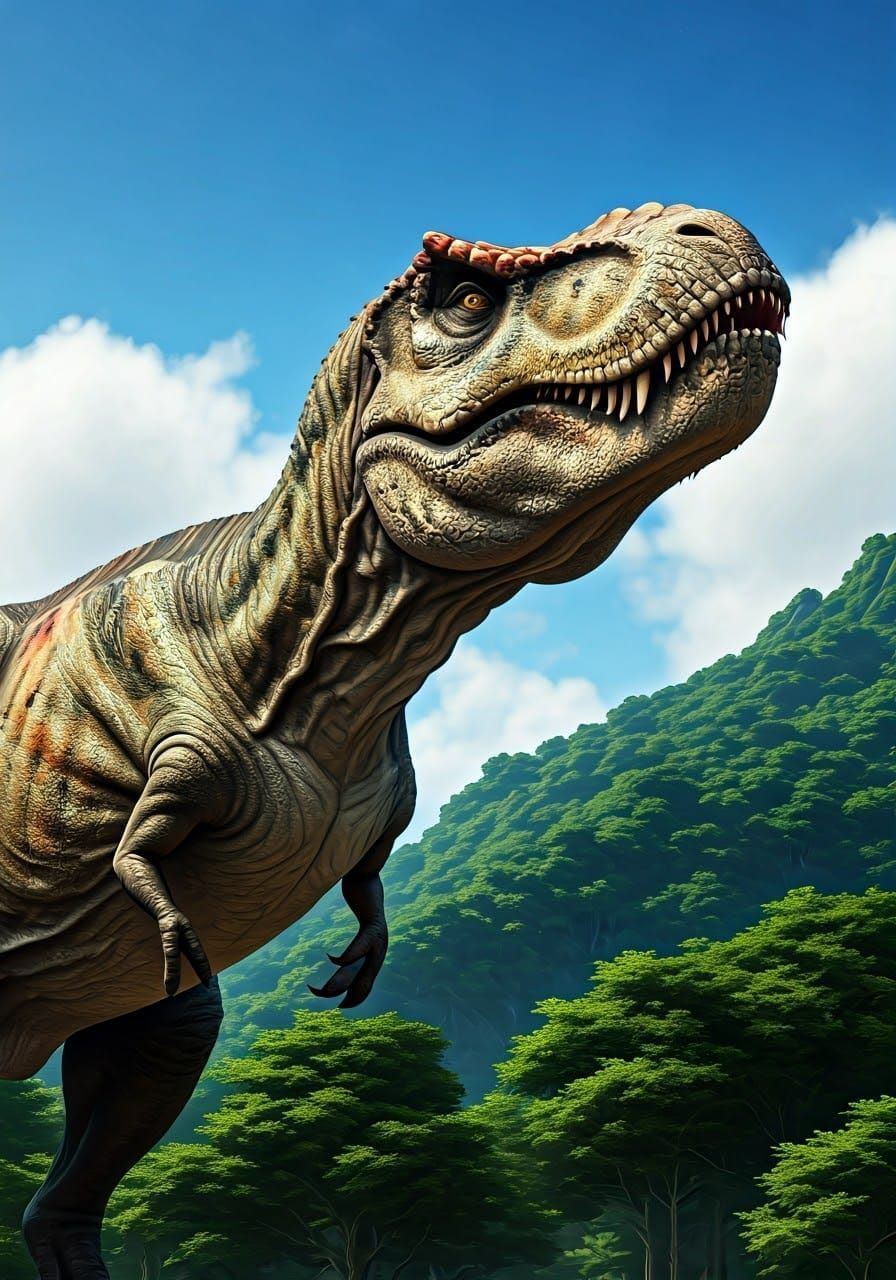 Battle-Scarred T-Rex Searches for Water in a Lush Forest