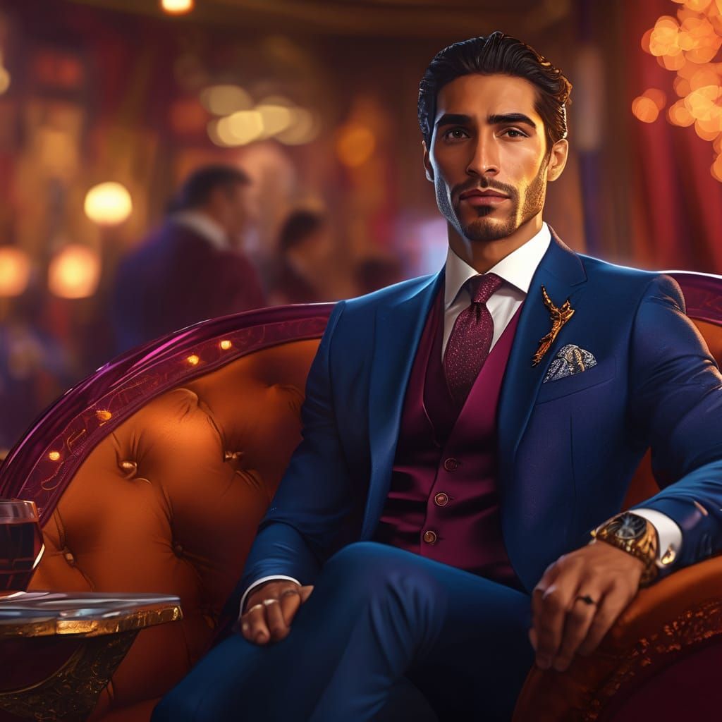 Hispanic Man in Lounge with Billionaires: Oil Painting