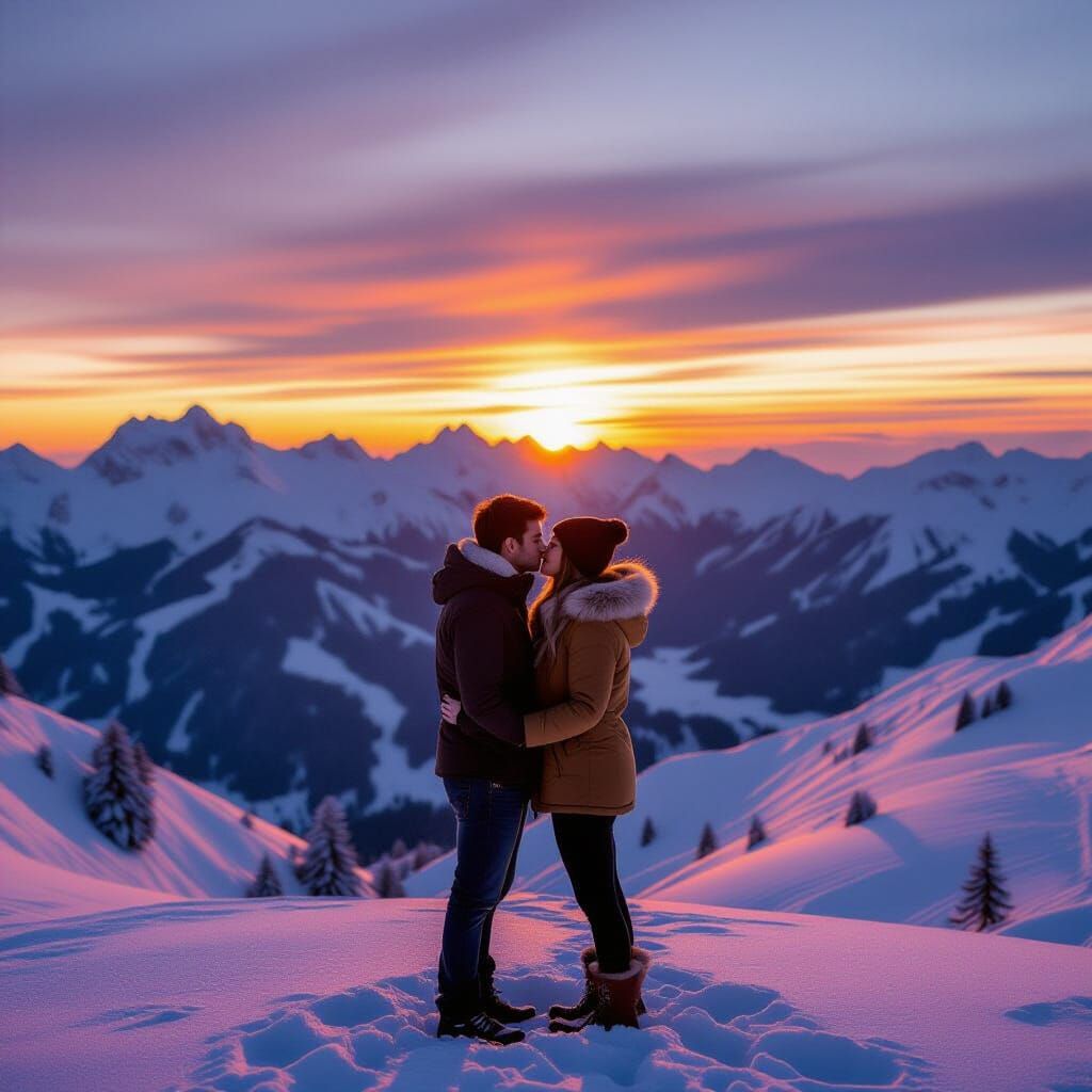 Couple Silhouetted Against Snow Mountains at Sunset