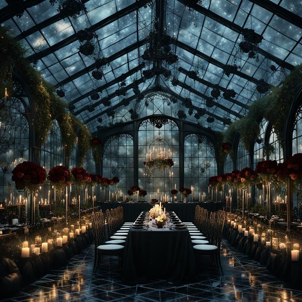 Gothic Greenhouse Banquet in Ethereal Moonlight