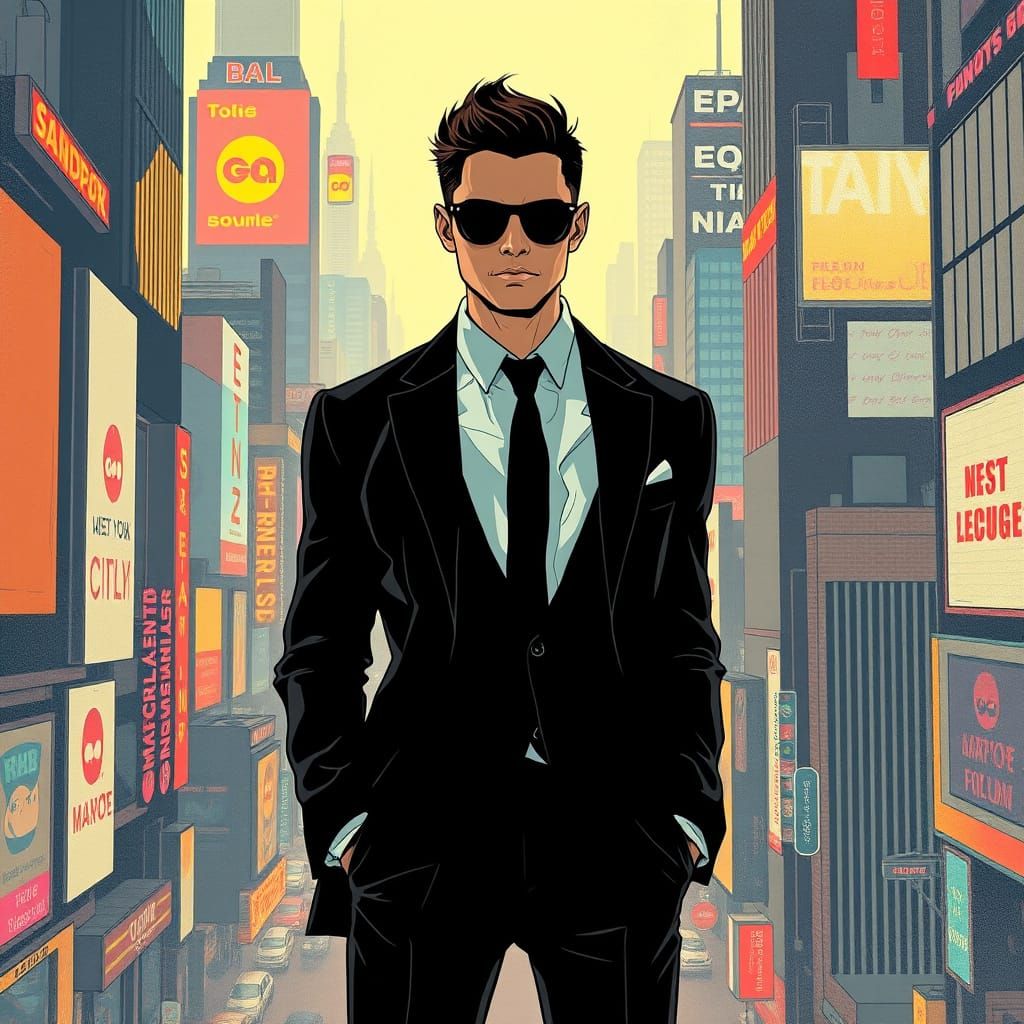 Confident Futuristic Businessman in a Bustling Metropolis