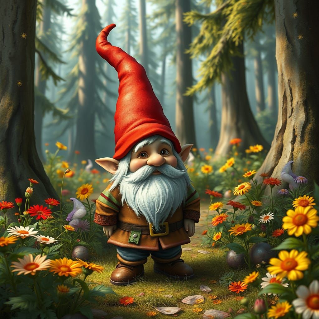 Whimsical Gnome in Forest, Fantasy Art Style