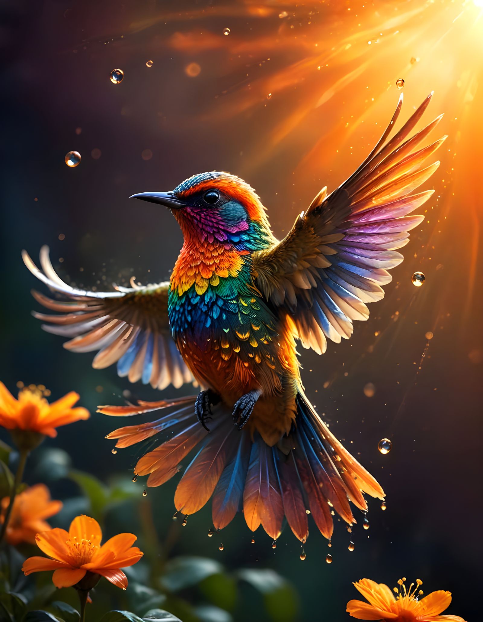 Rainbow Bird Shines Bright in Vibrant Sunset Landscape