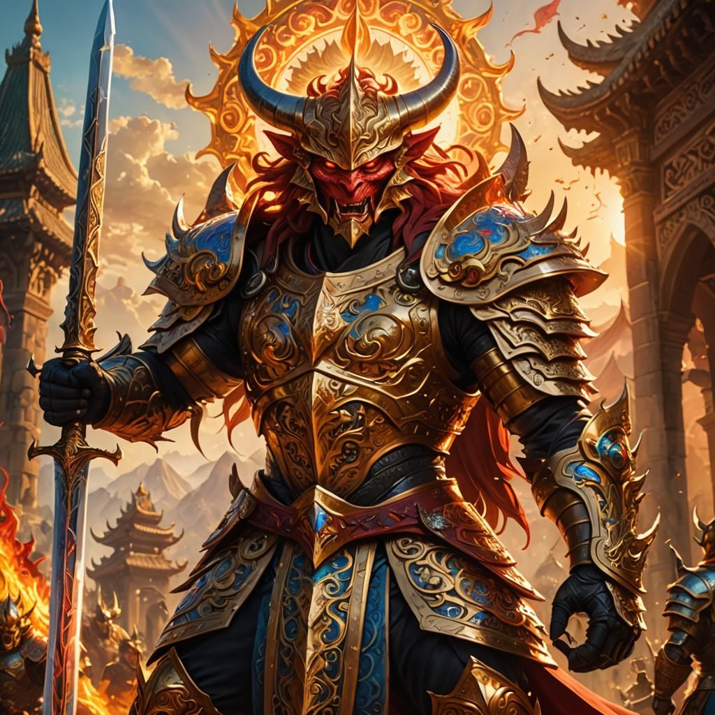 Fearsome Demon with Sword Raised High in Dramatic Style