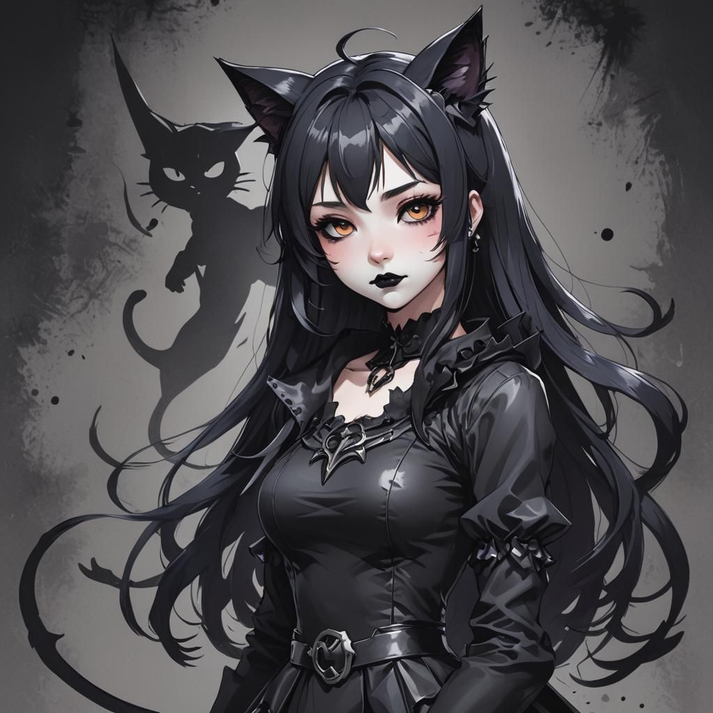 Goth Catgirl with Dark Makeup in Anime Style