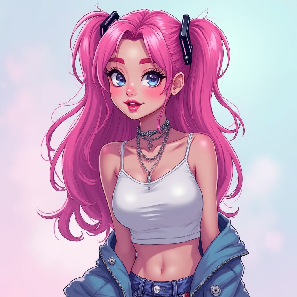Girl with Vibrant Pink Hair in Pastel Paradise