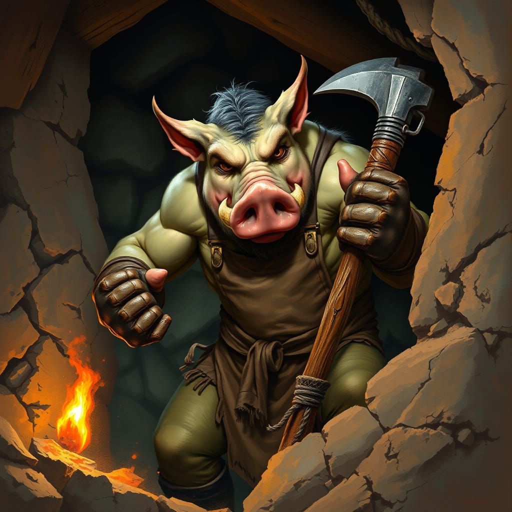 Intense Orc Miner in a Dazzling Fantasy Landscape