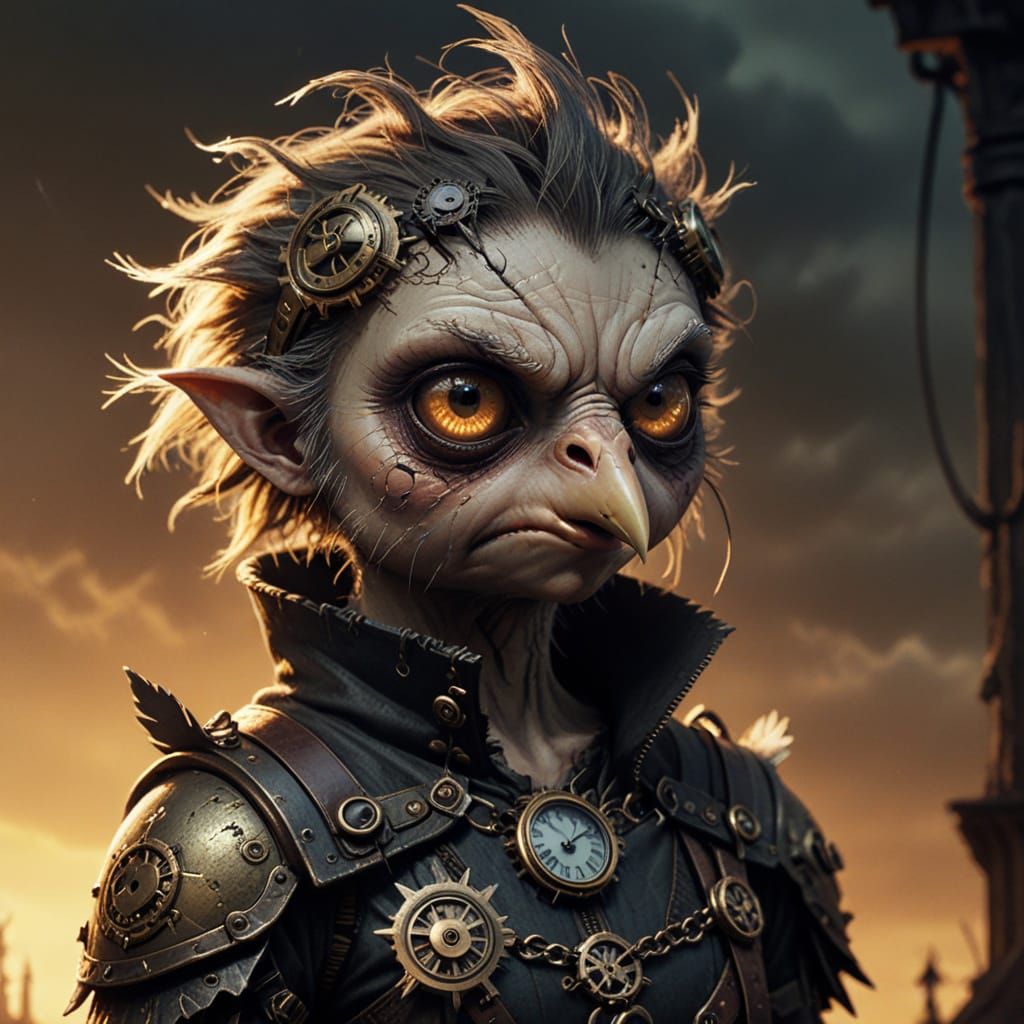 Grumpy Chick in Clockpunk Style, Dark Fantasy Art