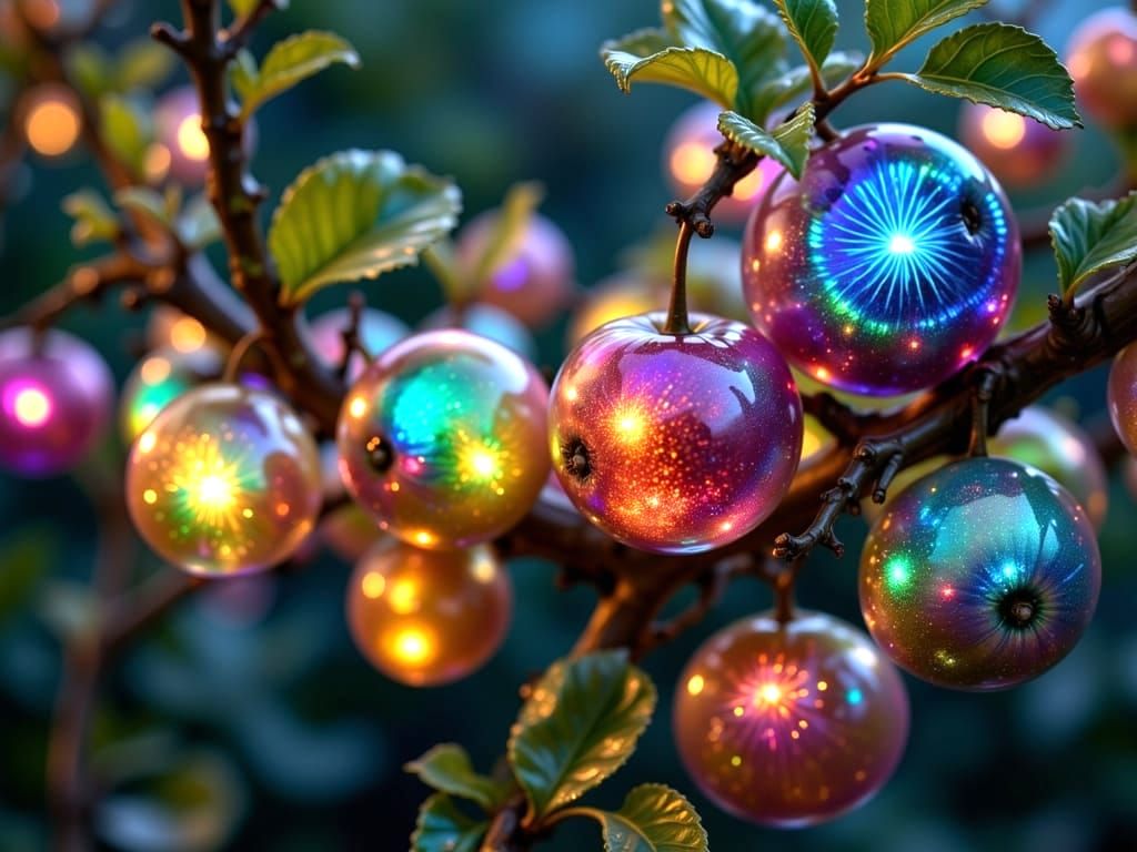 Miniature Jewel Apples Shimmering with Bioluminescence