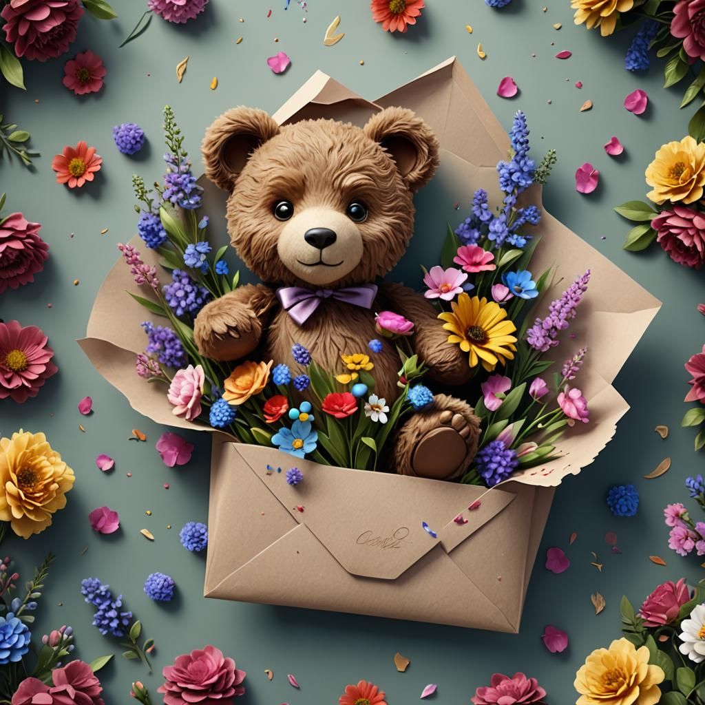 Teddy Bear in Envelope with Flowers