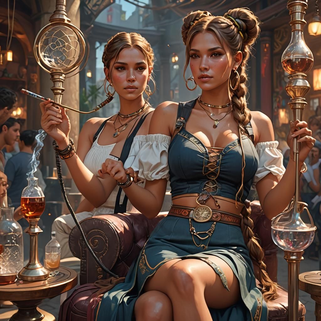 Detailed Portrait of Woman Sharing Hookah, Splash Art