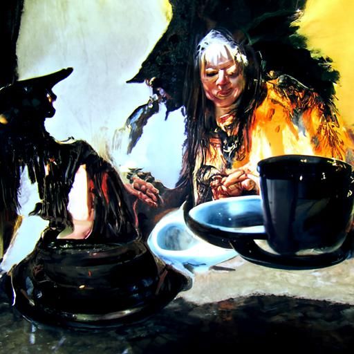 Witch and Shaman Share Tea, Oil Painting
