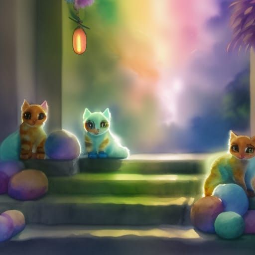 Luminous Kittens Ascend to Heaven: Watercolor Painting