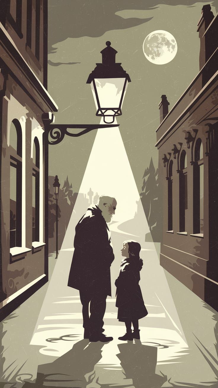 Vintage Snowy Street Scene Under Full Moon