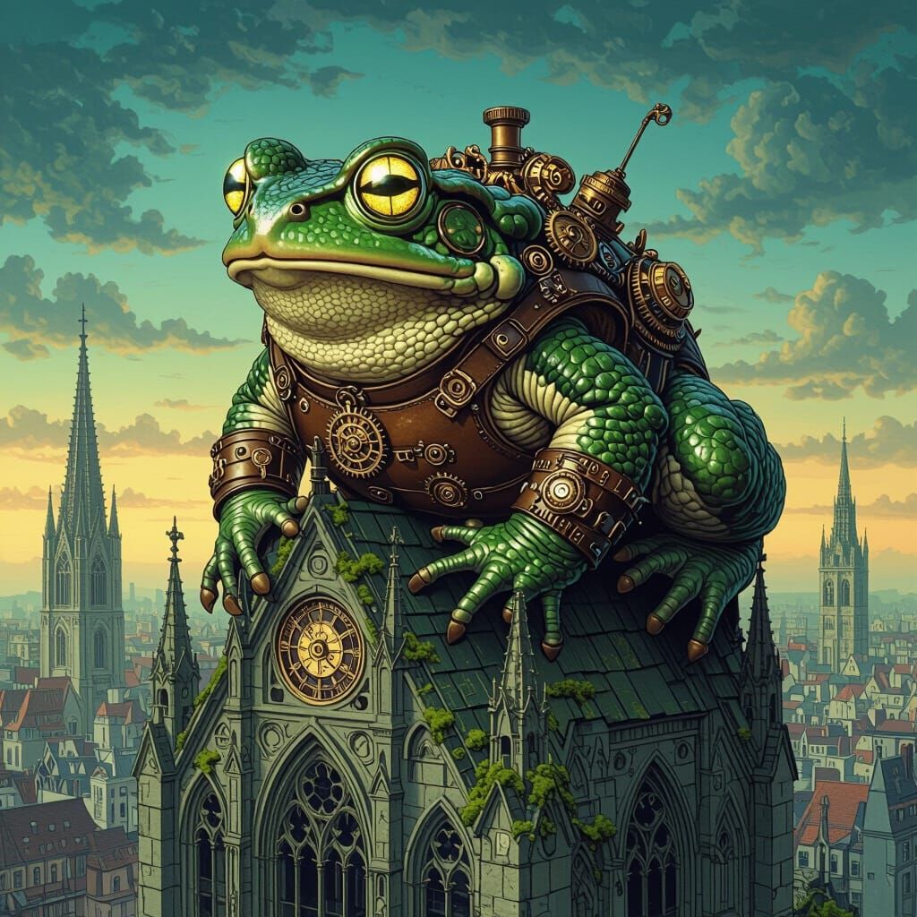 Bioluminescent Clockwork Toad on Gothic Cathedral